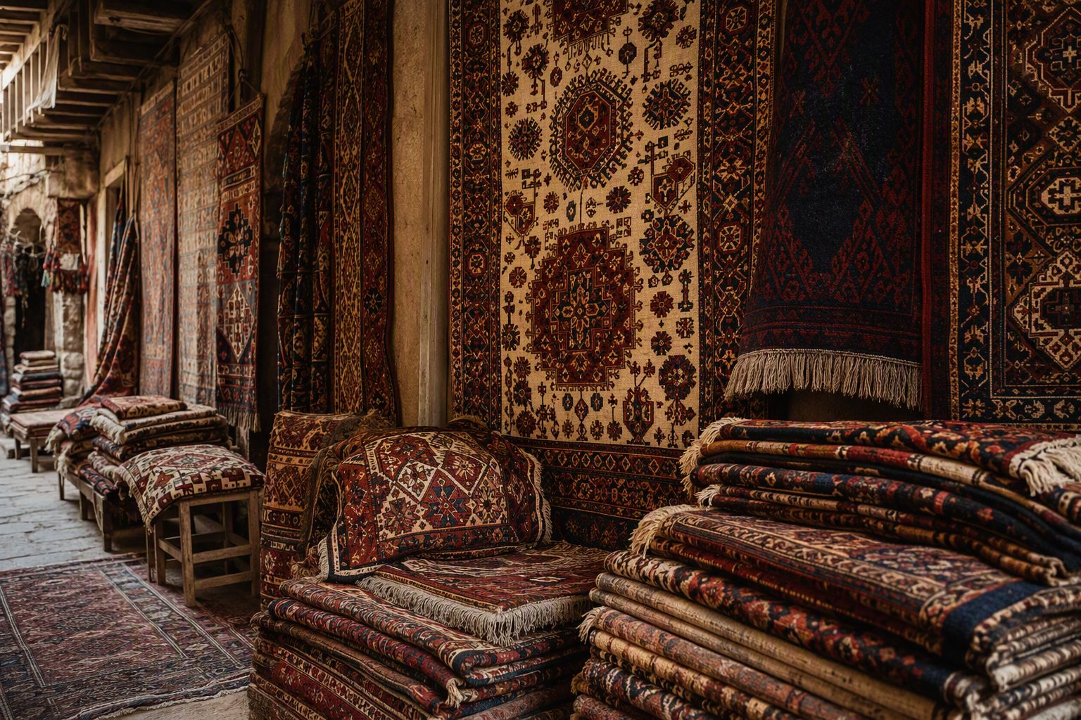 Carpet market stall with stacked rugs and patterned textiles